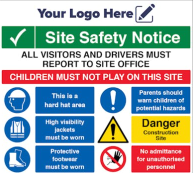 Heavy-duty site safety entrance board mounted on timber posts at a UK commercial construction site gate