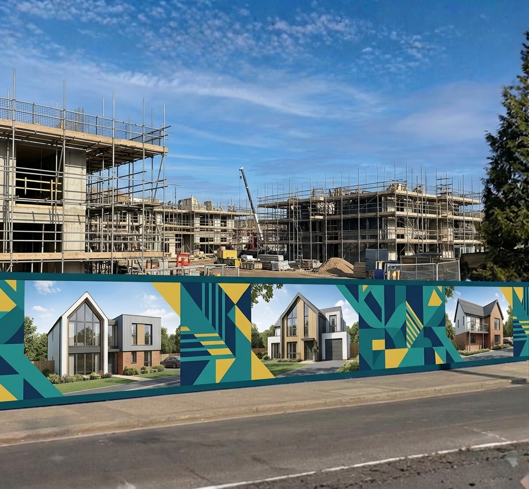 Printed site hoardings wrapped around an urban commercial building development